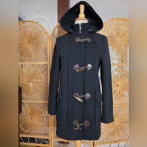 All Saints Duffel Italian Wool Horn Toggle Hooded Black Coat UK 8 US 4